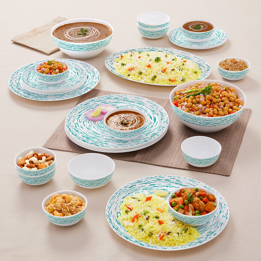 Larah by Borosil, Opalware, Microwave Safe, Blue Nova Dinner Set, 27 pc