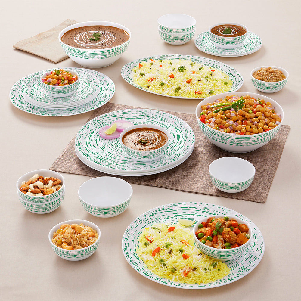 Larah by Borosil, Opalware, Microwave Safe, Green Nova Dinner Set (Serves 4,6,8) 27 pc Set: Serves 6