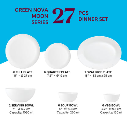 Larah by Borosil, Opalware, Microwave Safe, Green Nova Dinner Set (Serves 4,6,8) 27 pc Set: Serves 6