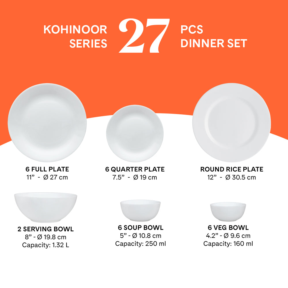Larah by Borosil, Noor Dinner Set 27 pc Set: Serves 6