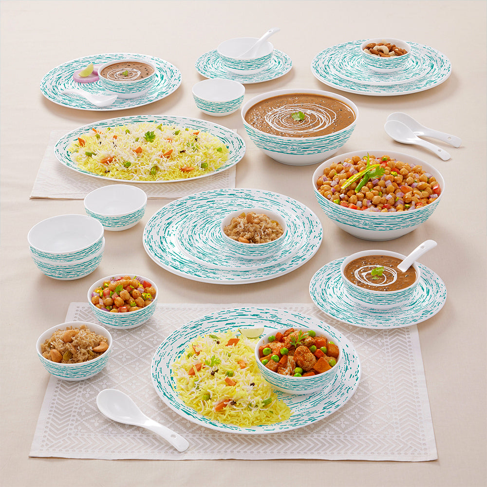 Larah by Borosil, Opalware, Microwave Safe, Blue Nova Dinner Set (Serves 4,6,8) 33 pc Set: Serves 6