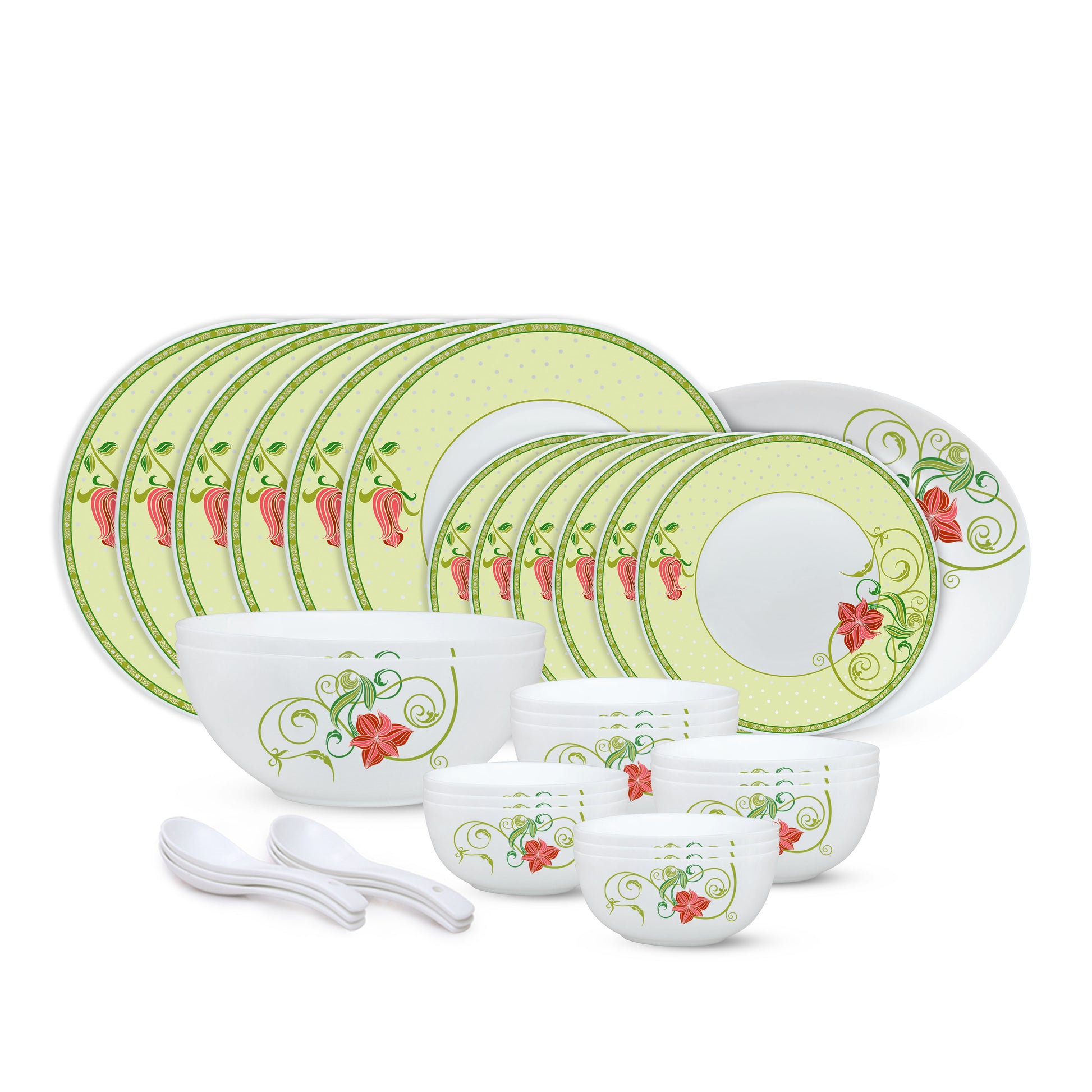Larah by Borosil Emerald Dinner Set 33 pc Set: Serves 6
