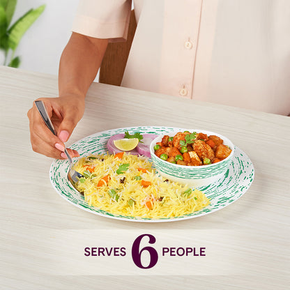 Larah by Borosil, Opalware, Microwave Safe, Green Nova Dinner Set (Serves 4,6,8) 33 pc Set: Serves 6