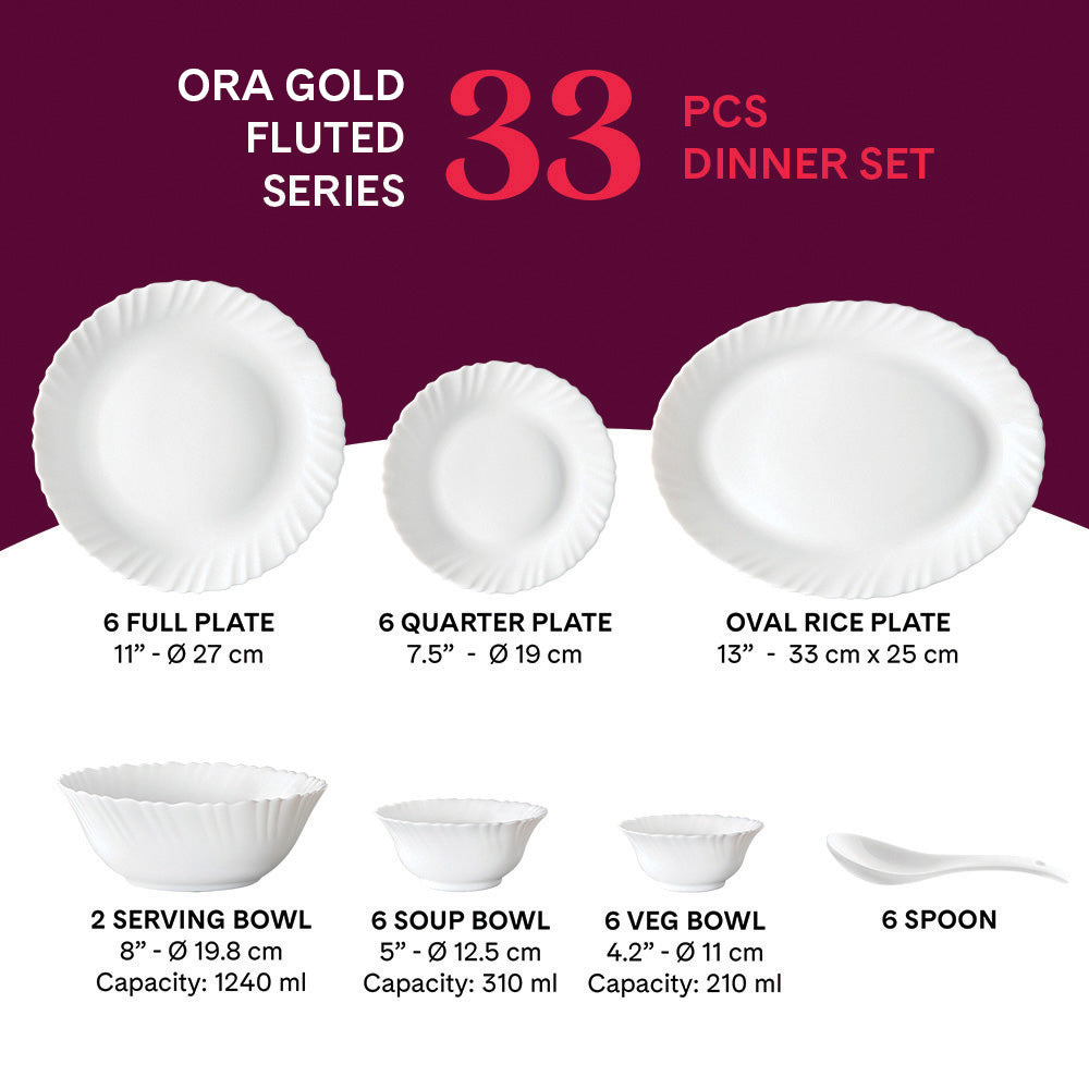 Larah by Borosil Ora Gold Dinner Set 33 pc Set: Serves 6 (Option 1)