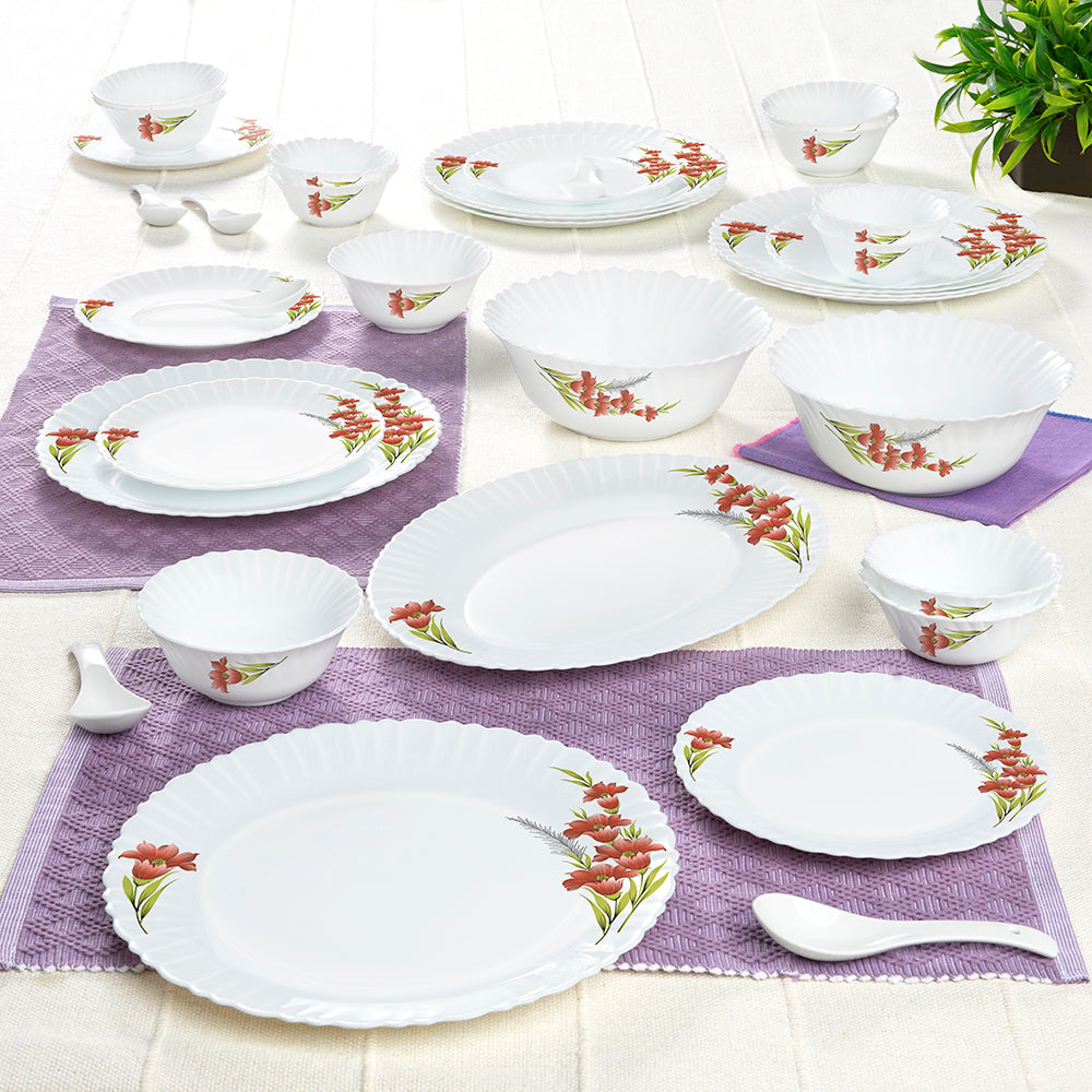 Larah by Borosil Red Iris Dinner Set 33 pc Set: Serves 6