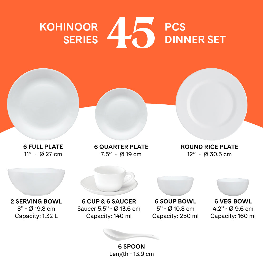 Larah by Borosil, Orleans Dinner Set 45 pc Set: Serves 6