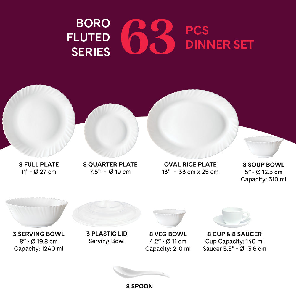 Larah by Borosil Boro Dinner Set 63 pc Set: Serves 8