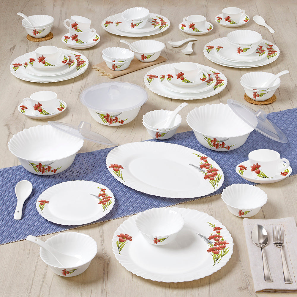 Larah by Borosil Red Iris Dinner Set 63 pc Set: Serves 8