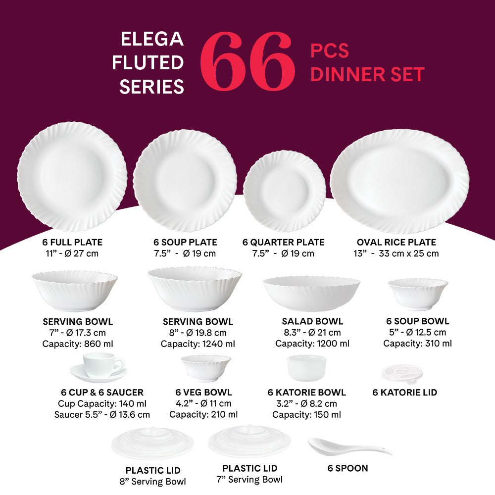 Larah by Borosil Elega Dinner Set 66 pc Set: Serves 6