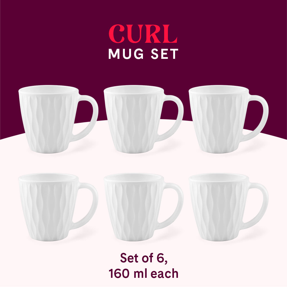 Larah By Borosil Curl Cup Set, White 160 ml x 6