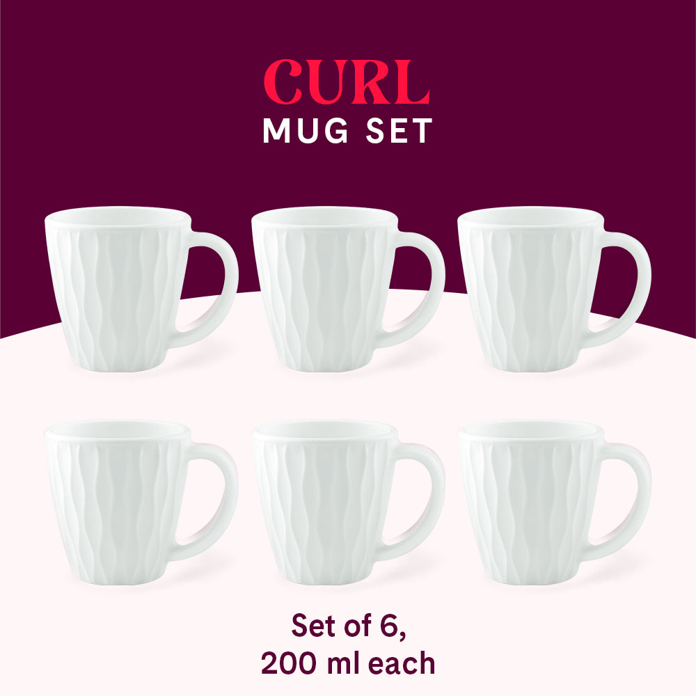 Larah By Borosil Curl Cup Set, White 200 ml x 6