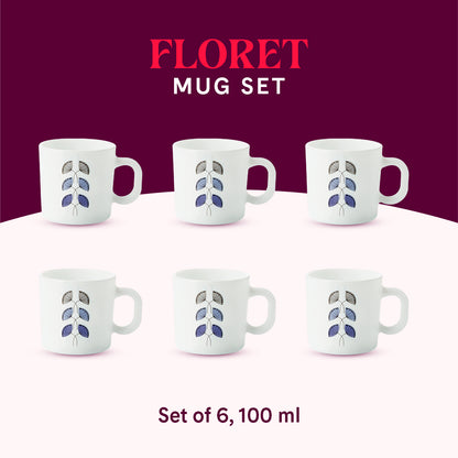 Larah by Borosil Floret Mug Set 100 ml x 6