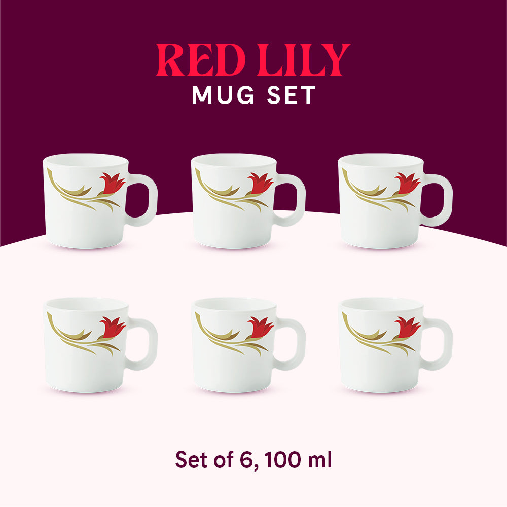 Larah by Borosil Red Lily Mug Set 100 ml x 6