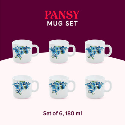 Larah by Borosil Pansy Mug Set 180 ml x 6