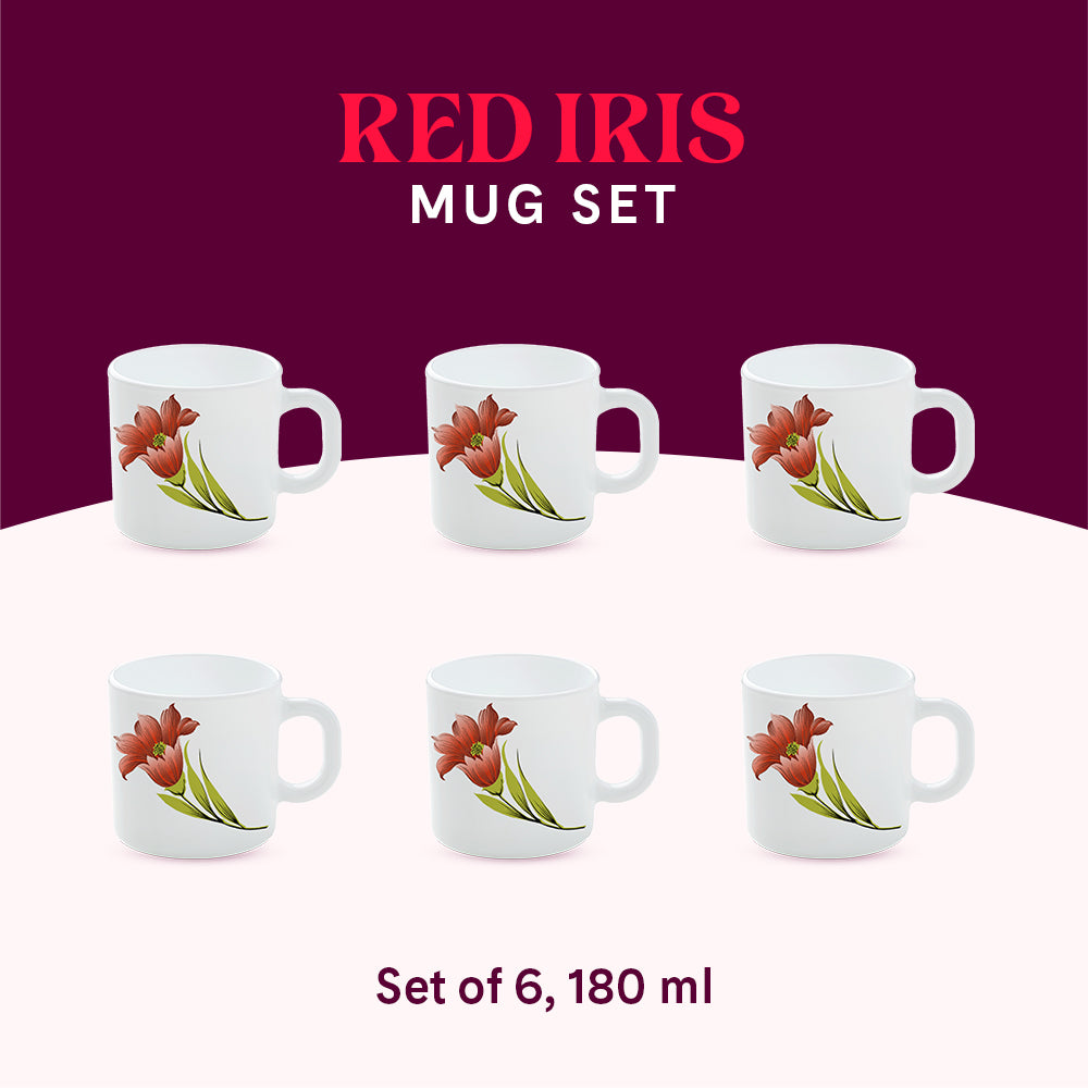 Larah by Borosil Red Iris Mug Set 180 ml x 6