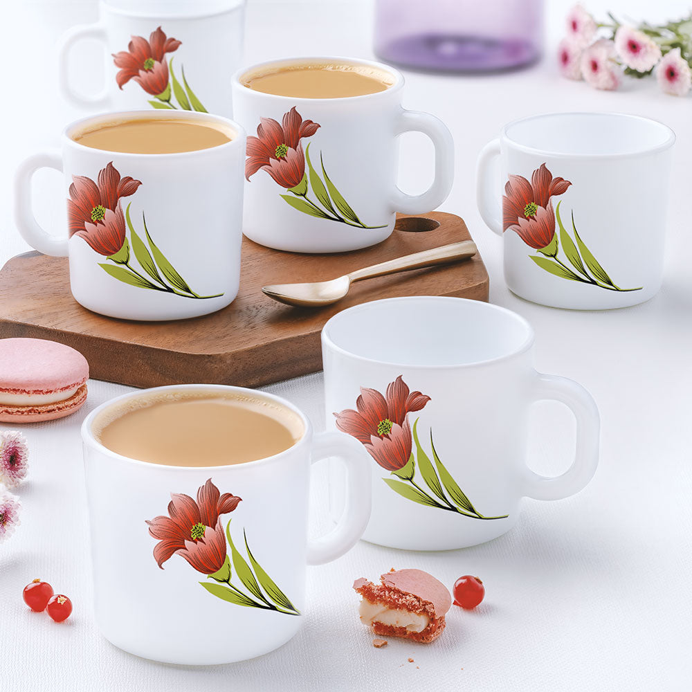 Larah by Borosil Red Iris Mug Set, 180ml x 6