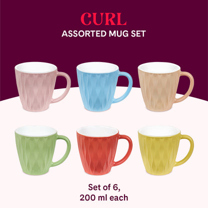 Larah By Borosil Curl Cup Set, Assorted Colours 200 ml x 6