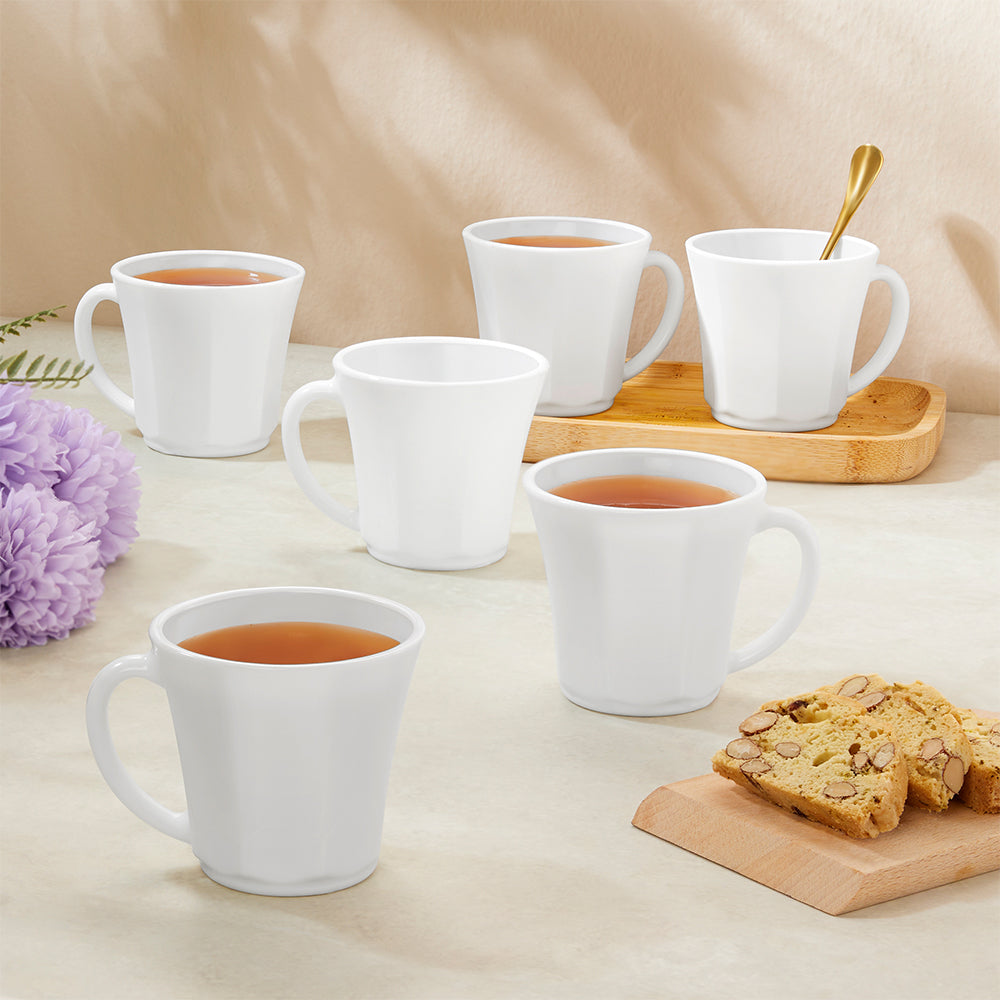 Larah By Borosil Octa Mug Set, White 200 ml x 6