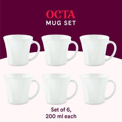 Larah By Borosil Octa Mug Set, White 200 ml x 6