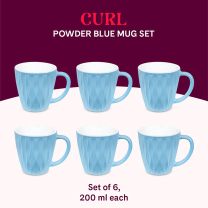 Larah By Borosil Curl Cup Set, Powder Blue 200 ml x 6