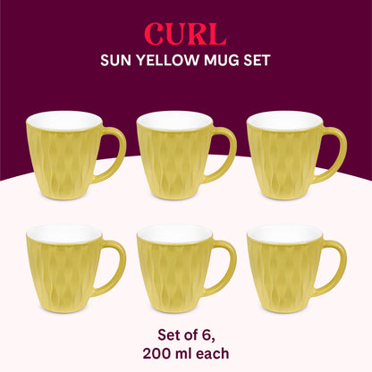 Larah By Borosil Curl Cup Set, Sun Yellow 200 ml x 6