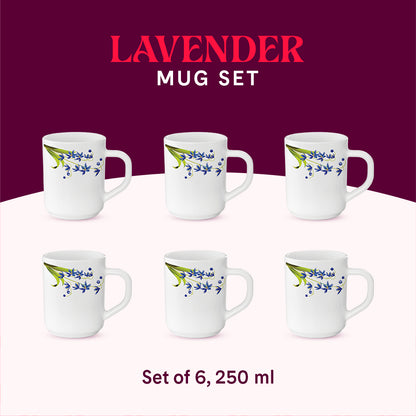 Larah by Borosil Lavender Mug Set 240 ml x 6