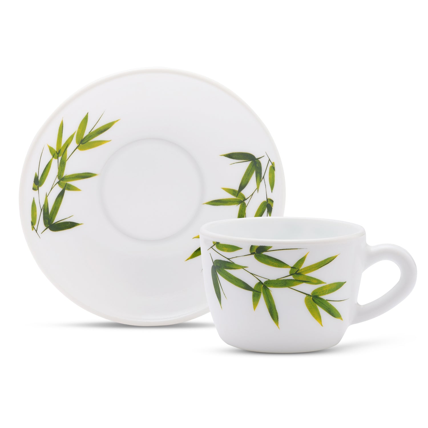 Larah by Borosil Bamboo Leaves Cup n Saucer Set 140 ml x 8