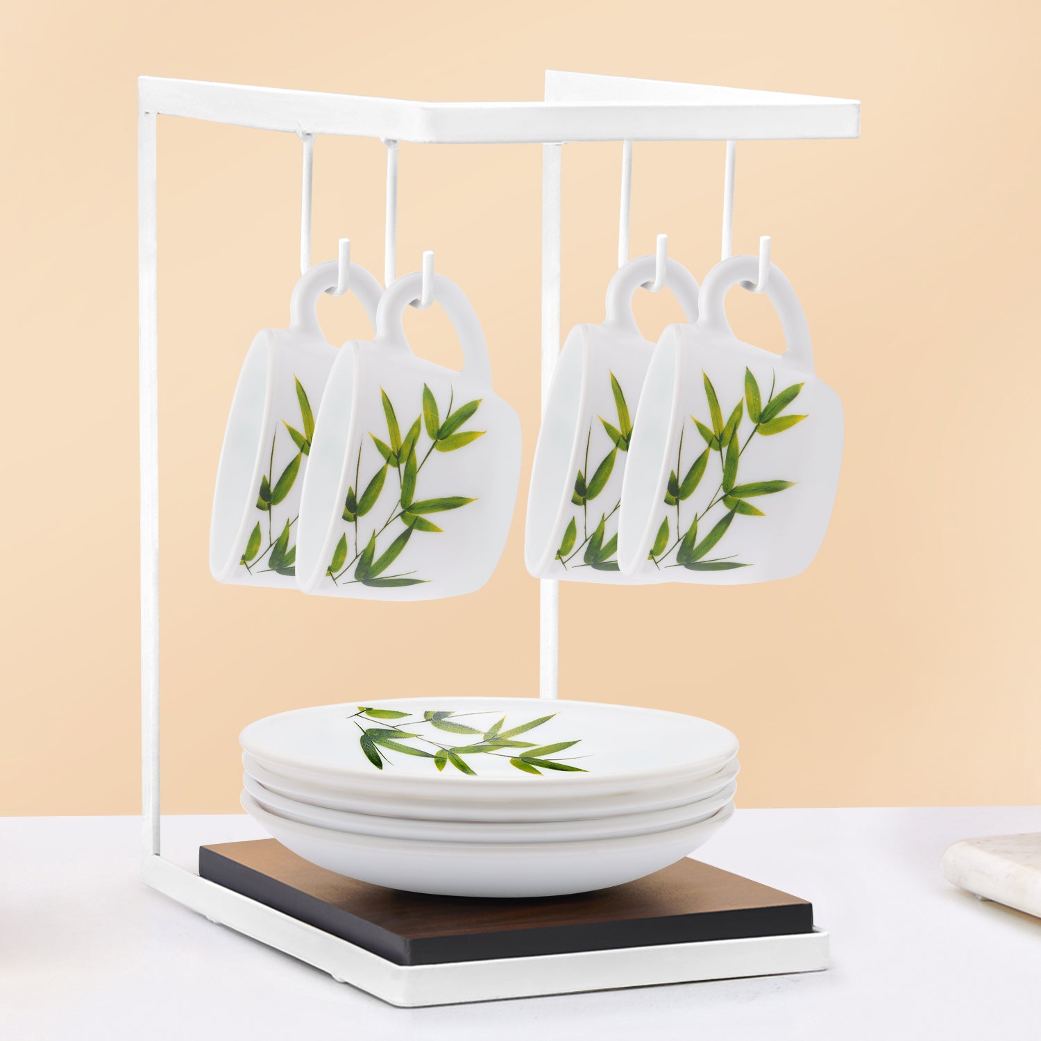 Larah by Borosil Bamboo Leaves Cup n Saucer Set 140 ml x 8