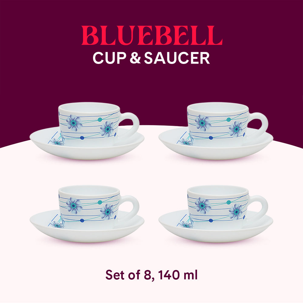 Larah by Borosil Bluebell Cup n Saucer Set 140 ml x 8
