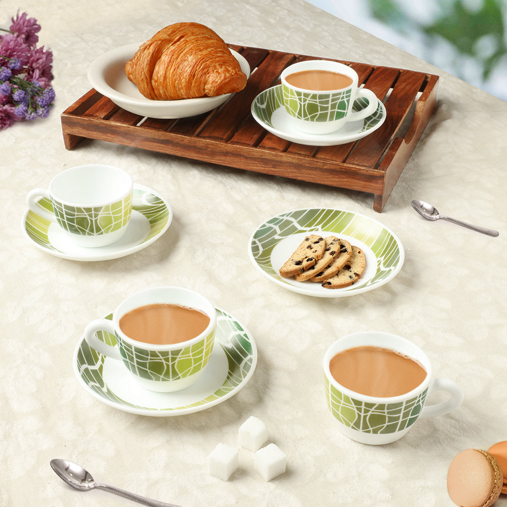 Larah by Borosil Beryl Cup n Saucers Set 140 ml x 8