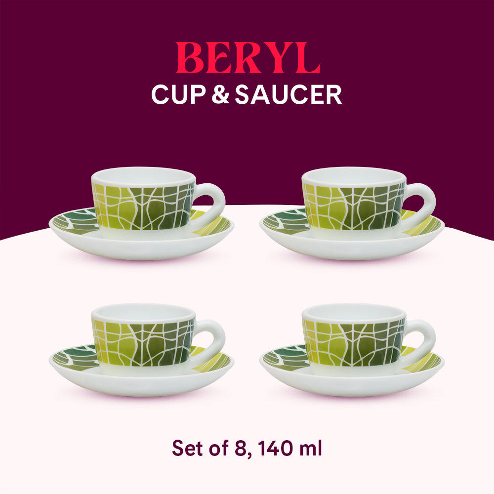 Larah by Borosil Beryl Cup n Saucers Set 140 ml x 8