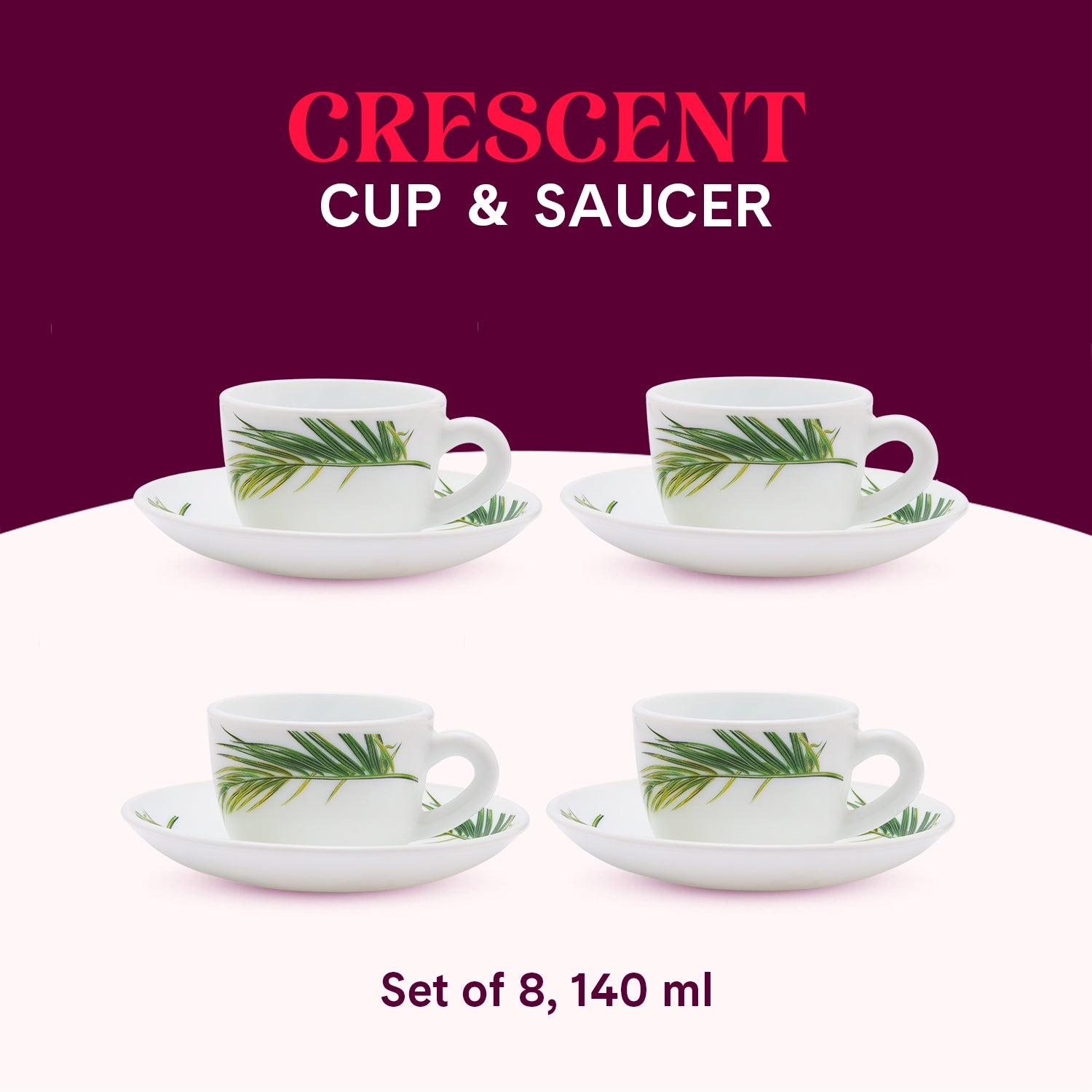 Larah by Borosil Crescent Cup n Saucer Set 140 ml x 8