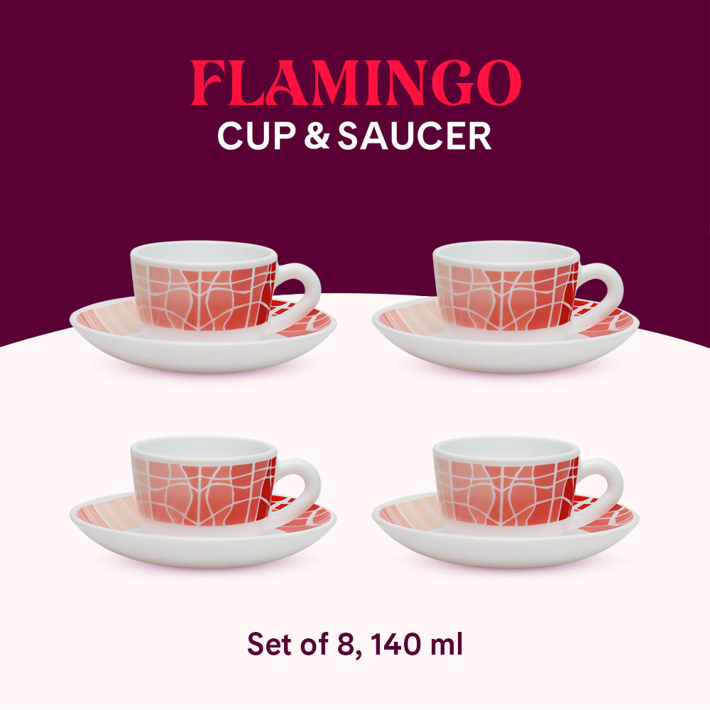 Larah by Borosil Flamingo Cup n Saucers Set 140 ml x 8