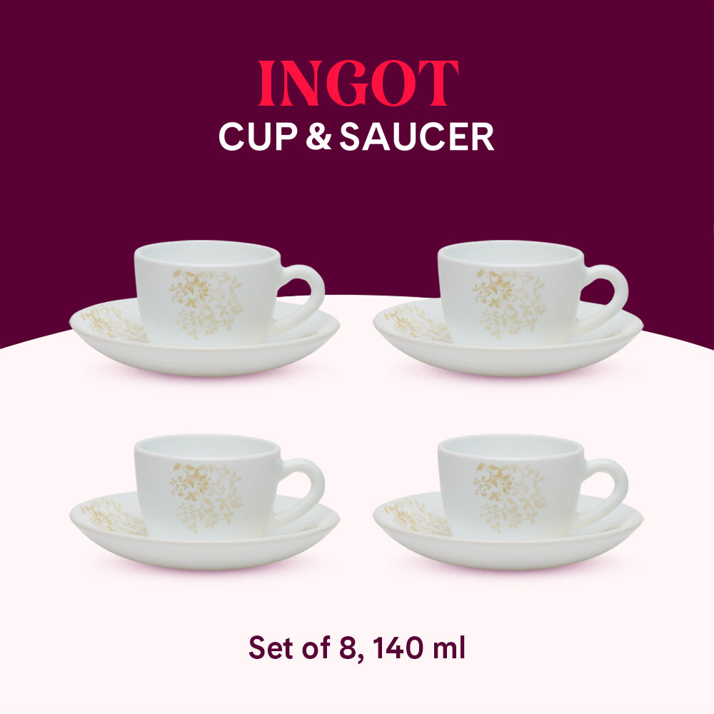 Larah by Borosil Ingot Cup n Saucer Set 140 ml x 8