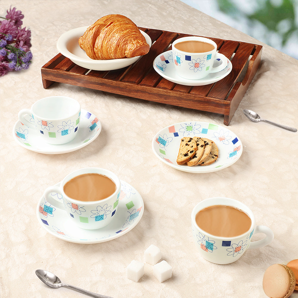Larah by Borosil Starflower Cup n Saucers Set 140 ml x 8