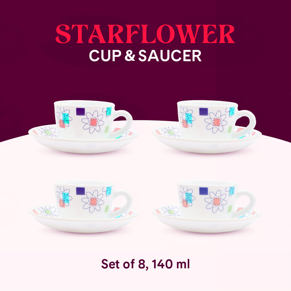 Larah by Borosil Starflower Cup n Saucers Set 140 ml x 8