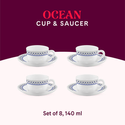 Larah by Borosil Ocean Cup n Saucers Set 140 ml x 8