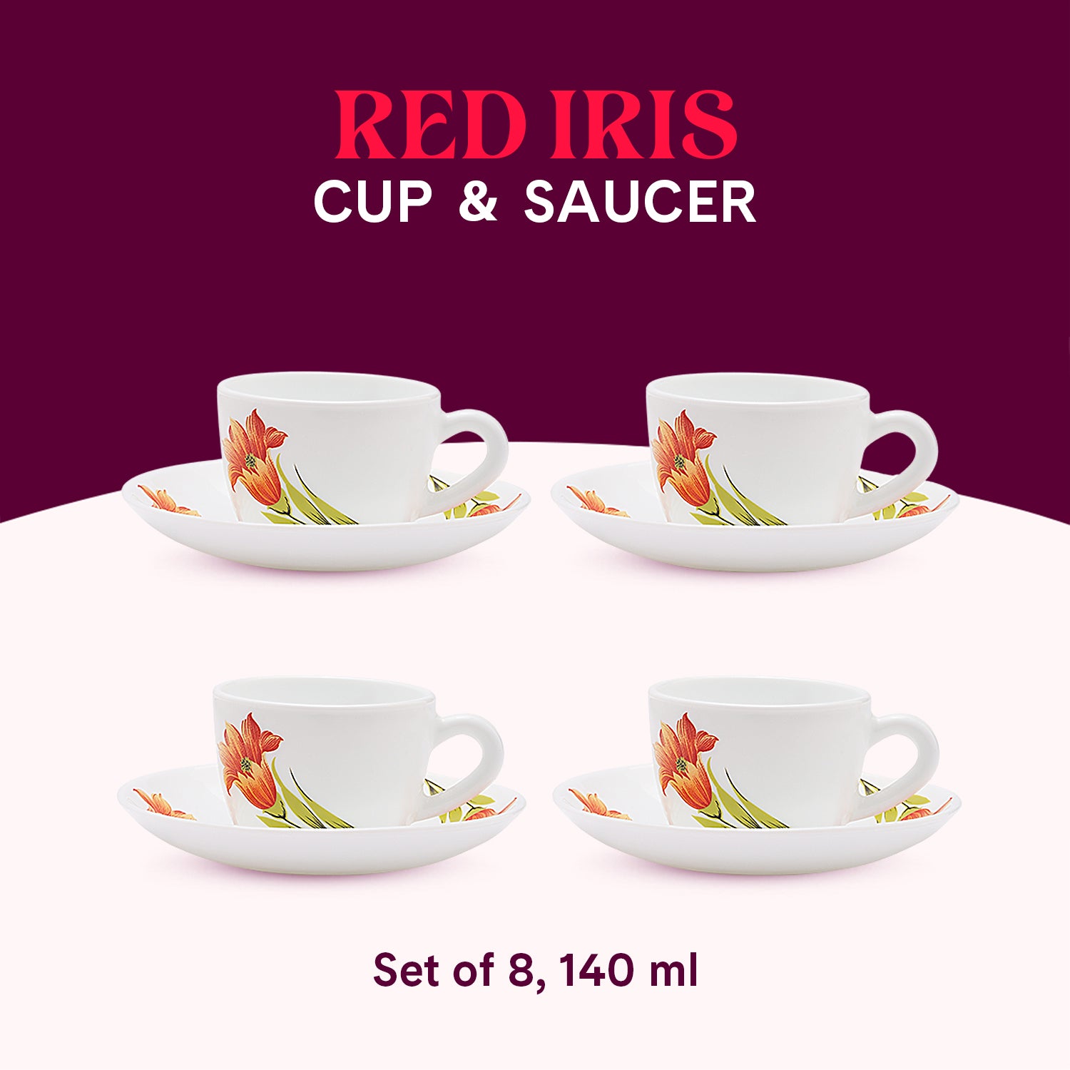 Larah by Borosil Red Iris Cup n Saucer Set 140 ml x 8