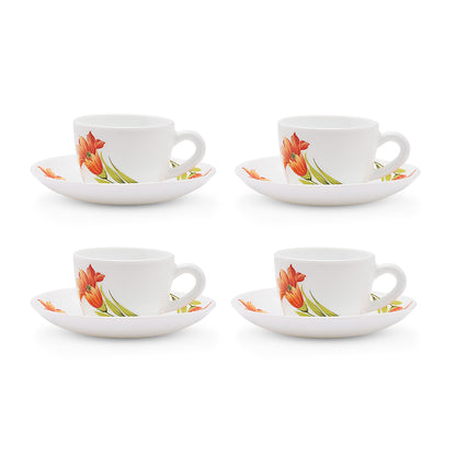 Larah by Borosil Red Iris Cup n Saucer Set 140 ml x 8