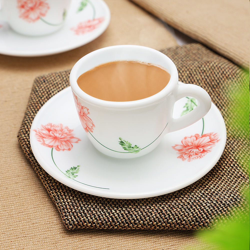 Larah by Borosil Red Mist Cup n Saucer Set 140 ml x 8