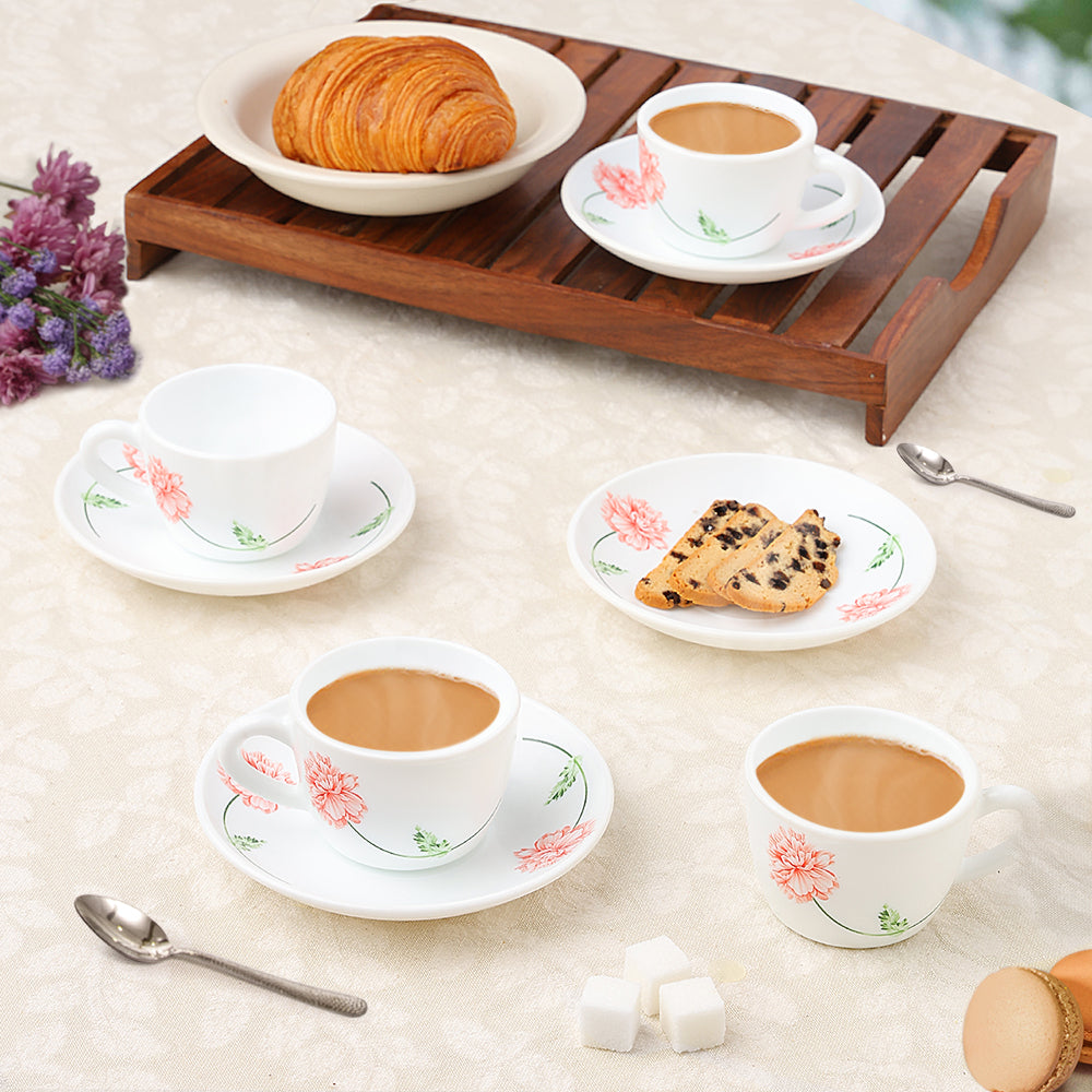 Larah by Borosil Red Mist Cup n Saucer Set 140 ml x 8