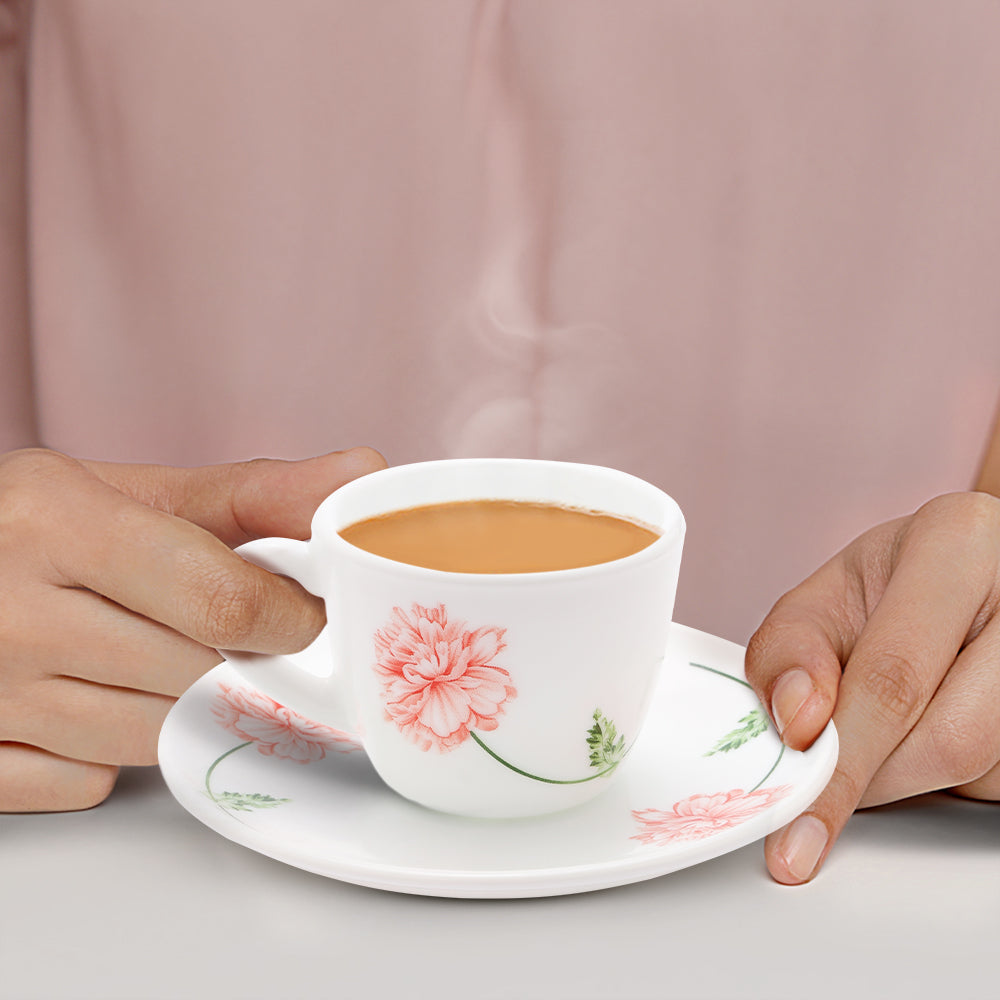 Larah by Borosil Red Mist Cup n Saucer Set 140 ml x 8