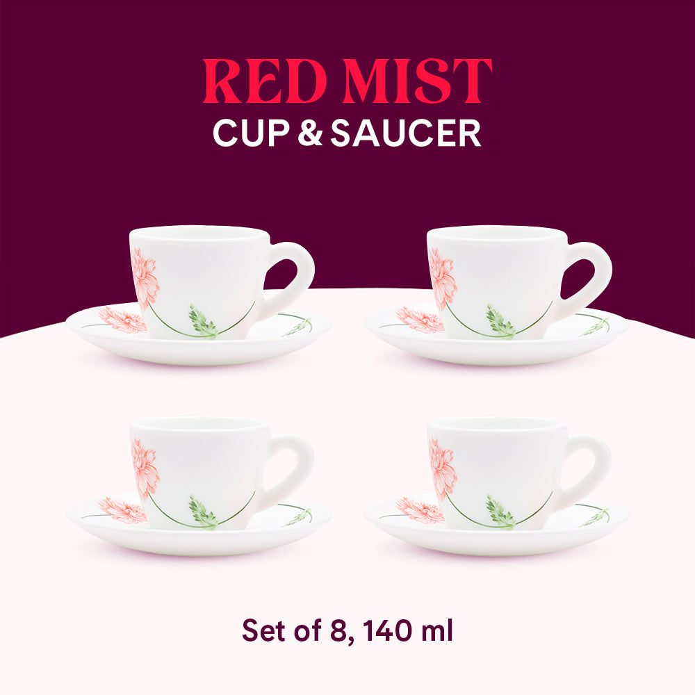 Larah by Borosil Red Mist Cup n Saucer Set 140 ml x 8
