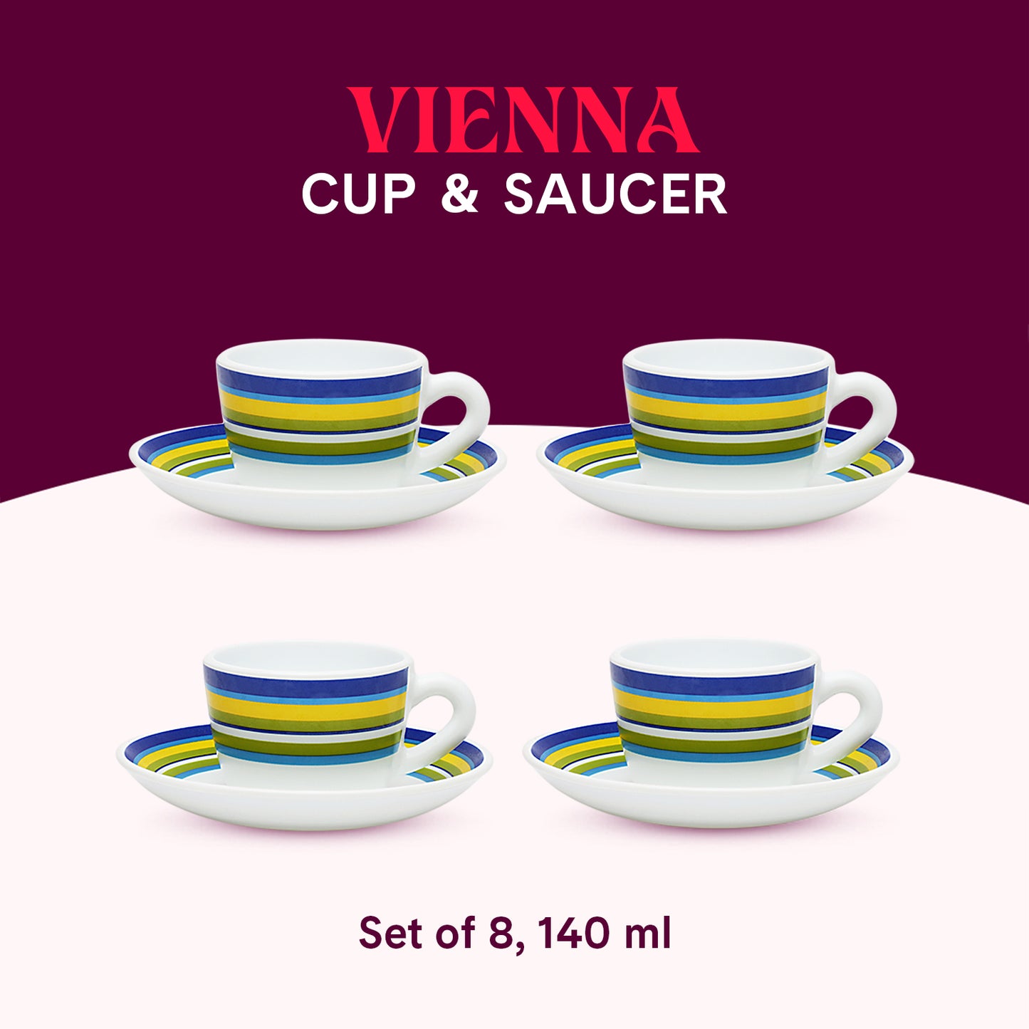 Larah by Borosil Vienna Cup n Saucers Set 140 ml x 8