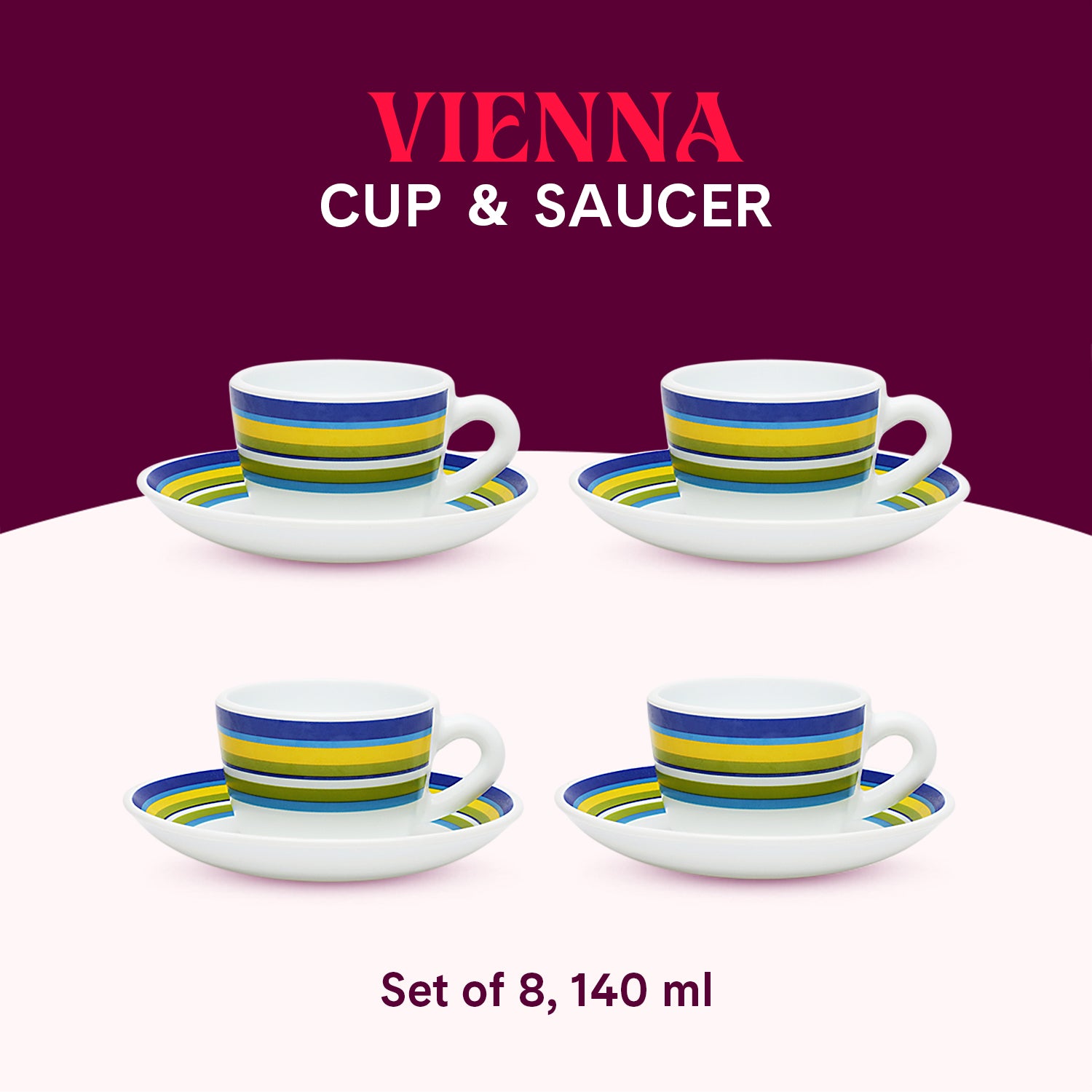 Larah by Borosil Vienna Cup n Saucers Set 140 ml x 8
