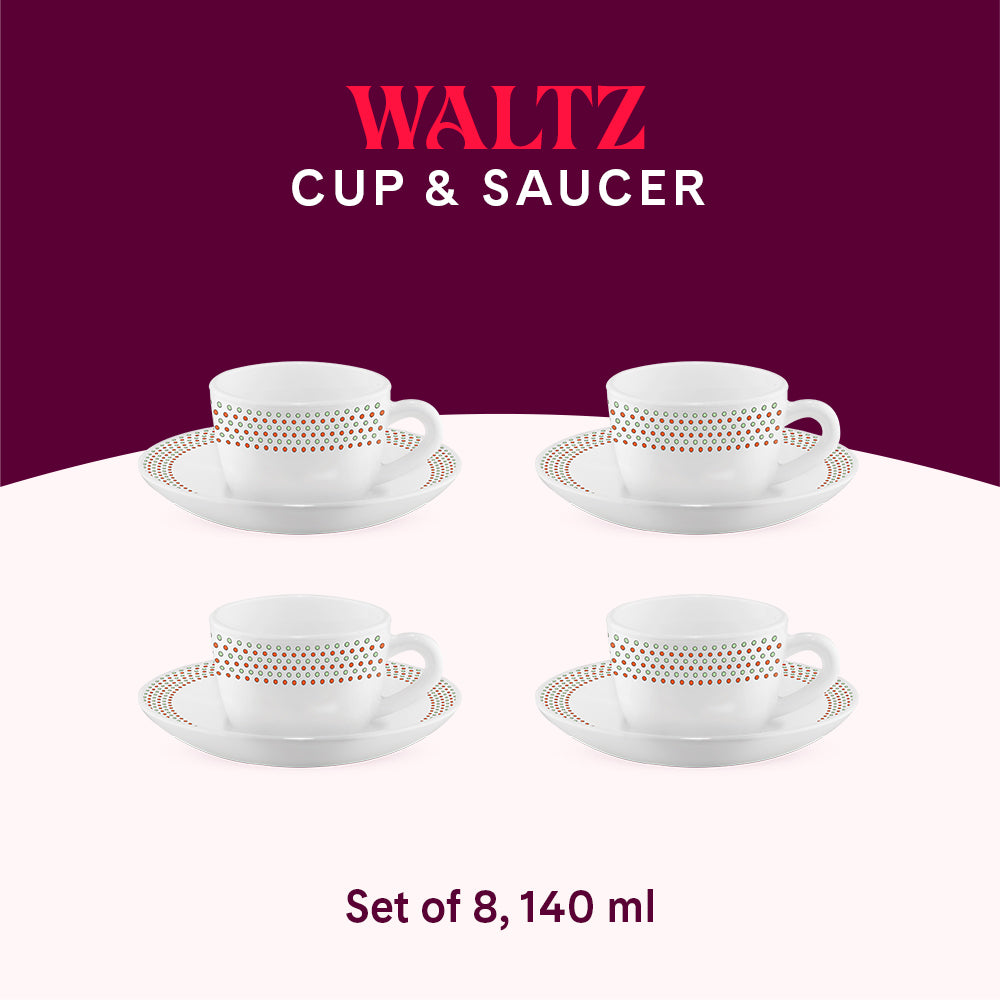 Larah by Borosil Waltz Cup n Saucer Set 140 ml x 8
