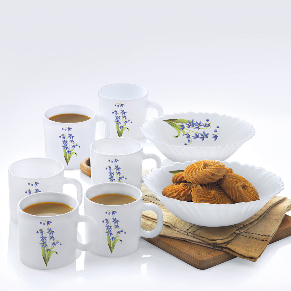 Larah by Borosil Lavender Snack Set w Mugs 8 pc Set