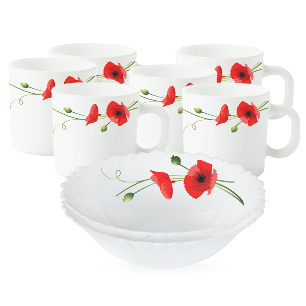 Larah by Borosil Red Carnation Snack Set w Mugs 8 pc Set