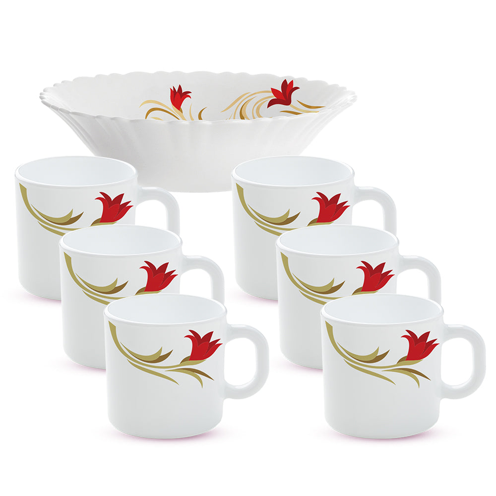 Larah by Borosil Red Lily Snack Set w Mugs 8 pc Set