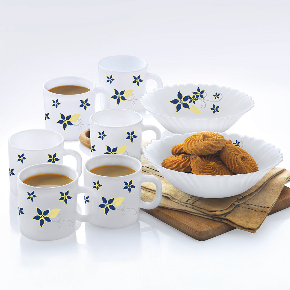 Larah by Borosil, Opalware Viva Family-Snack Set With Mugs, White